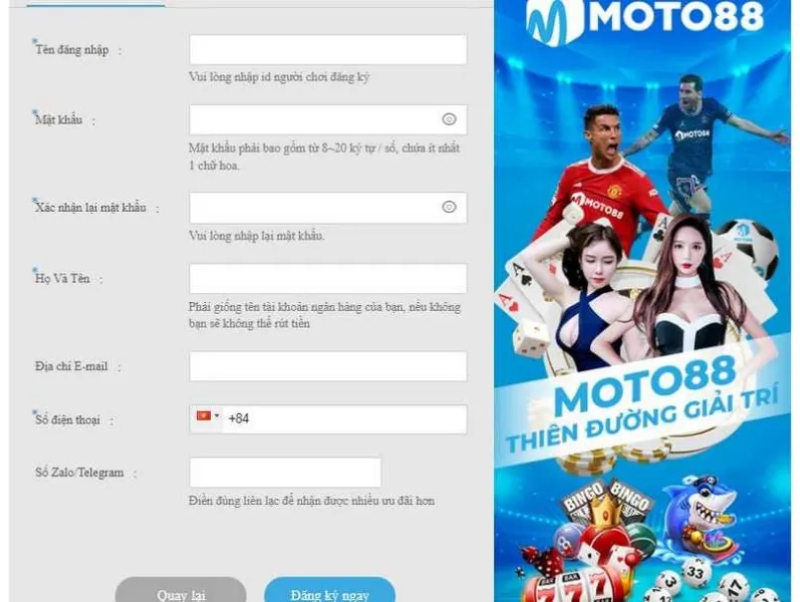 Đăng Ký Tài Khoản 2 Đăng ký Moto88
